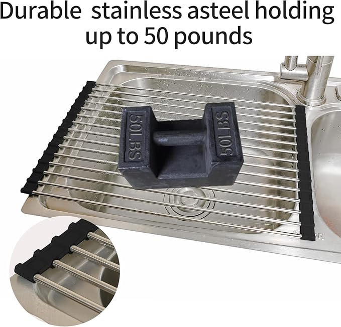 Ahyuan Roll Up Dish Drying Rack Multipurpose Kitchen Dish Rack Roll Over The Sink Dish Drying Rack Portable Rolling Dish Drainer For Kitchen Sink RV Accessories (Black, 17.7''X11.2'')