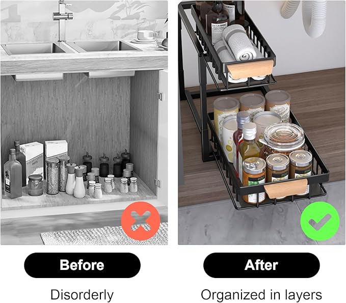 2-Tier Sliding Under Sink Organizer, L-shape Pull Out Cabinet Organizers, Multi-purpose Sink Storage Shelves, Metal Mesh Drawer Organizer for Bathroom Kitchen (Black, Pull-Down Style)