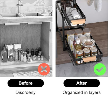 2-Tier Sliding Under Sink Organizer, L-shape Pull Out Cabinet Organizers, Multi-purpose Sink Storage Shelves, Metal Mesh Drawer Organizer for Bathroom Kitchen (Black, Pull-Down Style)