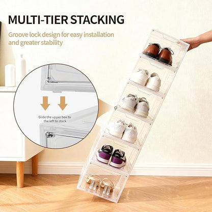 Shoe Boxes Shoe Storage Boxes Display Boxes with Magnetic Doors and Stackable Design, Ideal for Hallways, Under Beds, Wardrobes, and Living Rooms (Magnetic Door-Clear, 6 Pack)