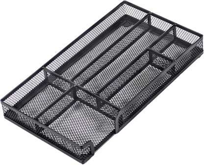 Desk Drawer Organizer Tray, Small Metal Mesh Desk Organizer Tray with 6 Compartments, Office Pencil Drawer Organizer Accessories for Stationery, Desktop, Bathroom, Kitchen, Makeup, Vanity, School