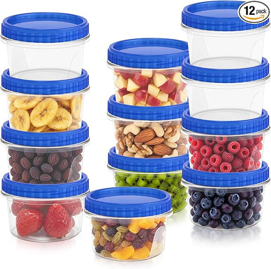 ISUSSER 12 Pack Freezer Containers with Screw On Lids, 12 Oz Stackable Reusable Plastic Storage Container, Airtight Plastic Food Storage Containers with Twist Top Lids for Food Soup Jello Sauce