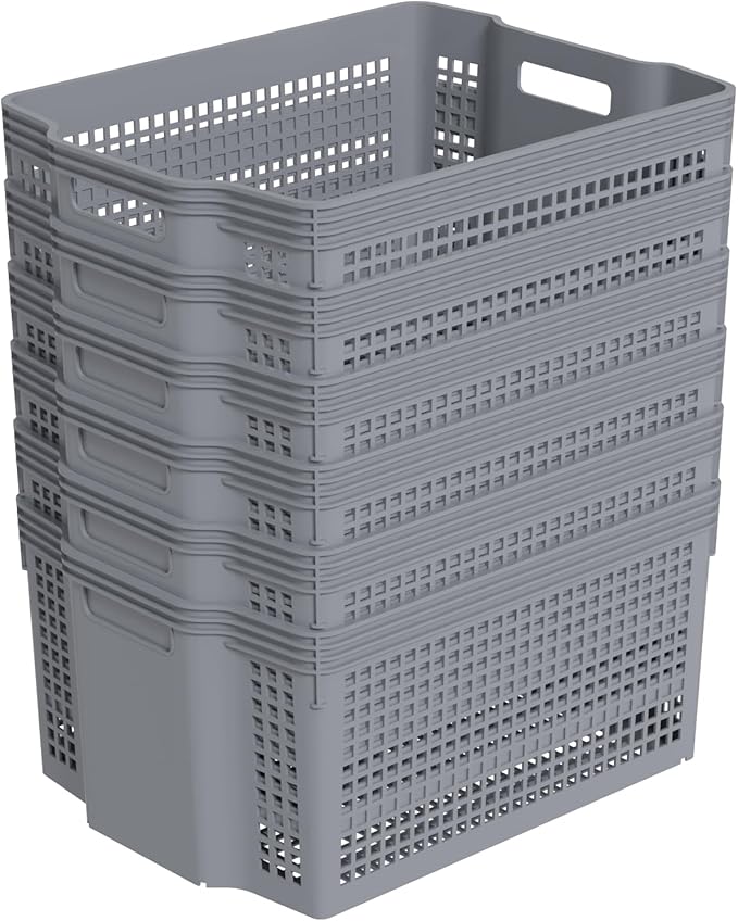 6 Packs Stackable Storage Baskets, Rectangle Stacking Baskets, Plastic Storage Baskets for Shelves, Grey