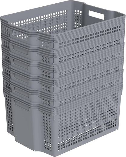 6 Packs Stackable Storage Baskets, Rectangle Stacking Baskets, Plastic Storage Baskets for Shelves, Grey