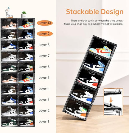 Amllas New 8 Pack Shoe Boxes Stackable, Large Shoe Storage Organizer with Lids,Drop Side Shoe Containers for Entryway,Sneaker Storage Fit up to US Size 13 for Men/Women(13’’x 10.6”x 8.3”)