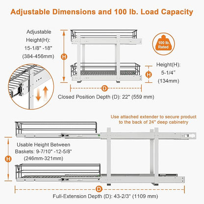 ALINE FURNITURE 2-Tier Pull Out Cabinet Organizer - 17" W x 22" D Soft Close Pullout Shelves with Shelf Liners - Slide Out Drawers for Kitchen Cabinets, Pantry, Bathroom, Heavy Duty Steel Wire Baskets