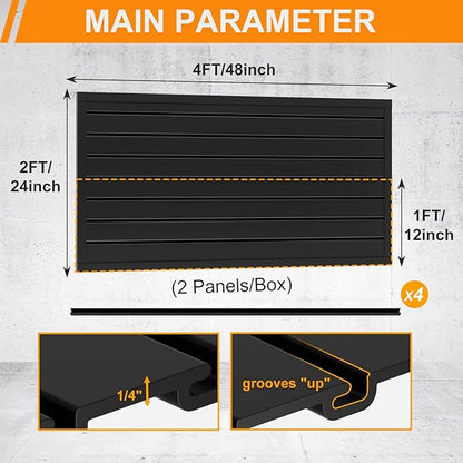 DoCred Slatwall Paneling Organizer, 4x2 FT PVC Garage Slat Wall Storage Systems, Heavy Duty Mounted Slat Peg Board for Tool Organization Ladder Bike Includes 20 PCS Hooks Accessories Kit (Black)