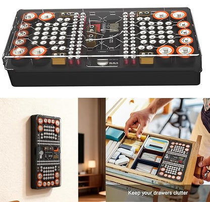 Battery Organizer Storage Case with Tester, Stores & Protects Up to 136 Batteries, Holds AAA AA C D 9V Button Cell with Clear Locking Lid for Home & Garage (Holds 136 Batteries)
