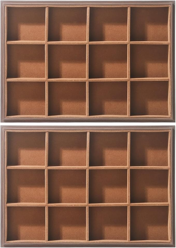 2Pcs/Set Wood Jewelry Organizer Tray, Stackable 12 Grid Jewelry Display Tray for Drawer, Rings Earring Storage Case, Necklace Accessories Display Holder for Store Selling or Home Show