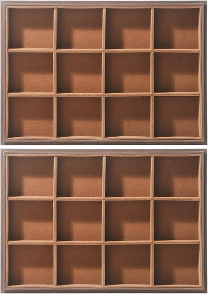 2Pcs/Set Wood Jewelry Organizer Tray, Stackable 12 Grid Jewelry Display Tray for Drawer, Rings Earring Storage Case, Necklace Accessories Display Holder for Store Selling or Home Show