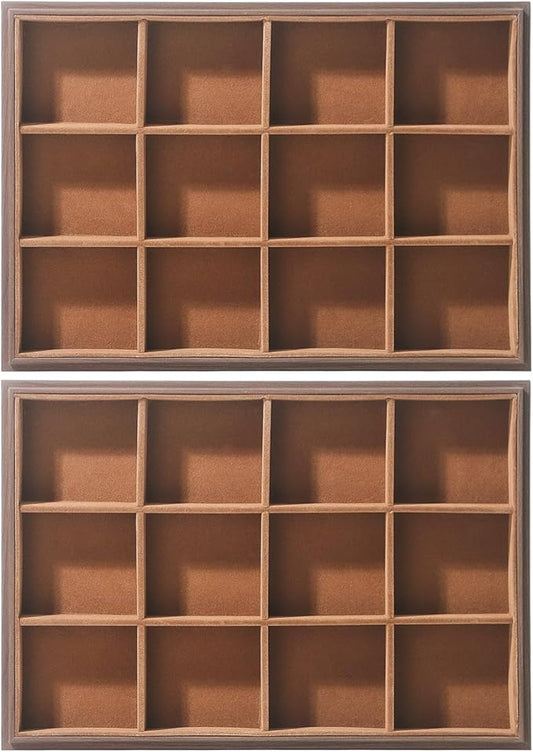 2Pcs/Set Wood Jewelry Organizer Tray, Stackable 12 Grid Jewelry Display Tray for Drawer, Rings Earring Storage Case, Necklace Accessories Display Holder for Store Selling or Home Show