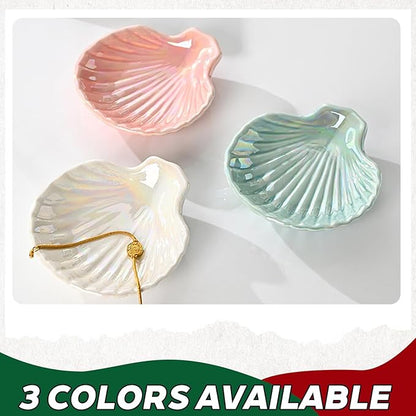 FatySuby Ceramic Jewelry Tray Dish, Ring Holder Dish, Decorative Trinket Tray Jewelry Dish for Rings, Earrings, Necklaces Watch Key, Pearl Shell Shaped Home Decor Gift for Women, Pink