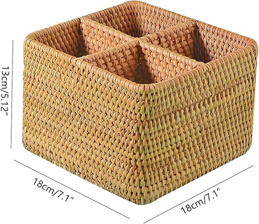 i-lan Natural Rattan 4 Compartments Cooking Utensil Silverware Organizer Holder Cosmetics Storage Box Cutlery Caddy Flatware Serving Basket (180mm 4-Compartment Box)