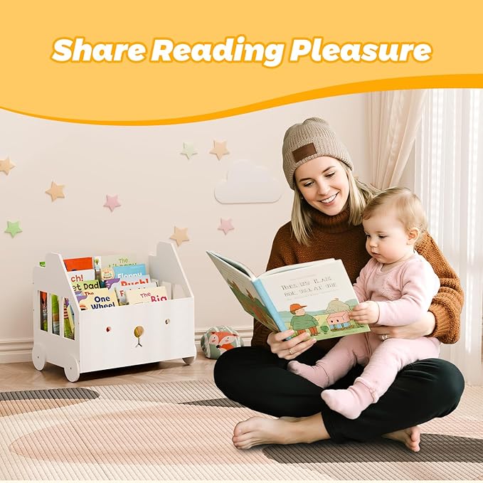 Wooden Kids Bookshelf, Toddler Montessori Bookshelf, Nursery Book Shelves with 4 Adjustable Dividers, Book Shelf for Kids Rooms, Nursery, Bedroom, Classroom and Playroom Storage