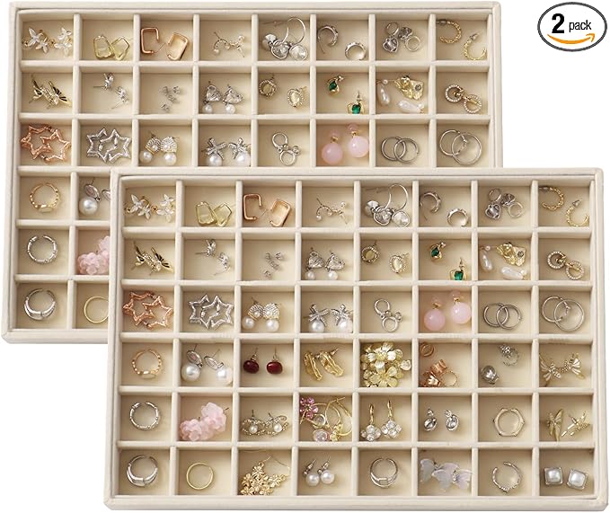 KATISYIO Large Velvet Jewelry Tray 2 Pack Stackable Jewelry Display Drawer Inserts Trays Organizer for Earring Bracelet Necklace Ring (Beige, 48 Grids)