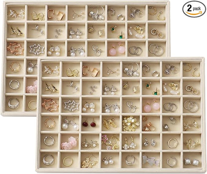 KATISYIO Large Velvet Jewelry Tray 2 Pack Stackable Jewelry Display Drawer Inserts Trays Organizer for Earring Bracelet Necklace Ring (Beige, 48 Grids)