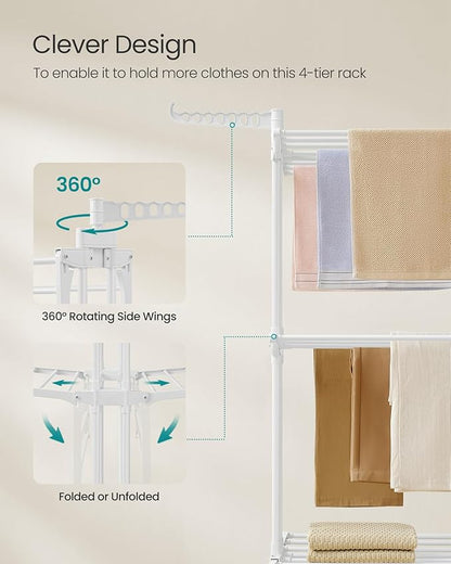 SONGMICS Clothes Drying Rack Stand 4-Tier, Foldable Laundry Drying Rack 68.1-Inch Tall, Stainless Steel, Rolling Clothes Horses Dryer Rack, Easy to Assemble, Indoor Outdoor Use, Cloud White ULLR701W03