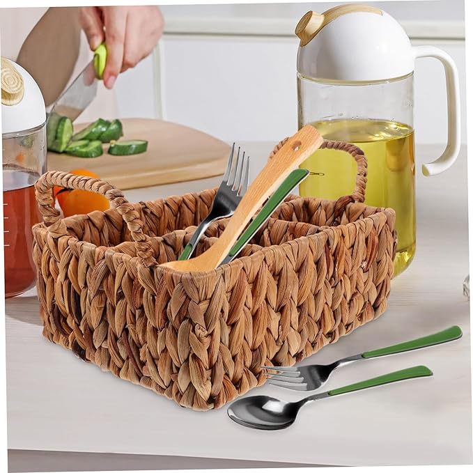 LIFKOME Woven Straw Storage Basket Lid Cutlery Basket Organizers for Kitchen Chopstick Holder