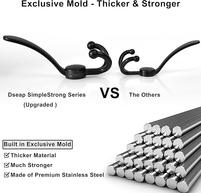 Dseap Over Door Hook 2.0 - Upgraded Version - Simple-Assembly, Strong, Heavy-Duty Stainless Steel 5-Tri-Hook Over The Door Hanger Rack, SimpleStrong Series, Black