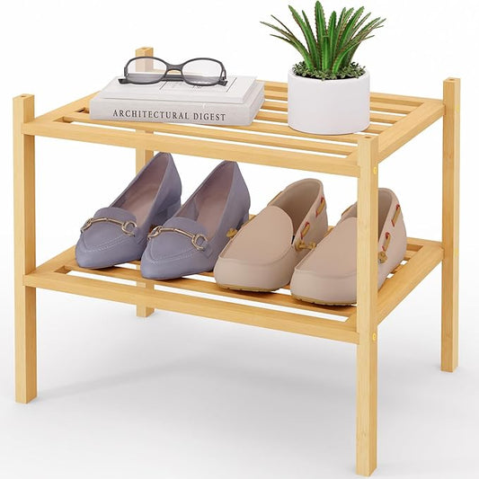 Smiry Small Bamboo Shoe Rack 2-Tier, Stackable Wooden Shoe Organizer for Entryway & Closet, Free Standing Wood Shoe Storage Shelf for Front Door & Small Spaces, Natural