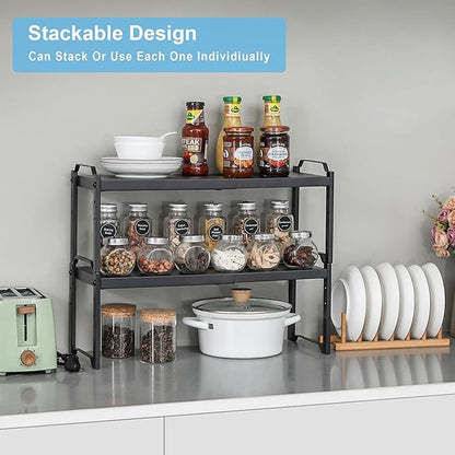 4 Pack Kitchen Cabinet Shelves Organizers, Kitchen Counter Storage Shelf Spice Rack, Expandable Length, Adjustable Height, Stackable, Sturdy 30LBS Bearing, Small Cupboard Tabletop Organizer Shelf Rack