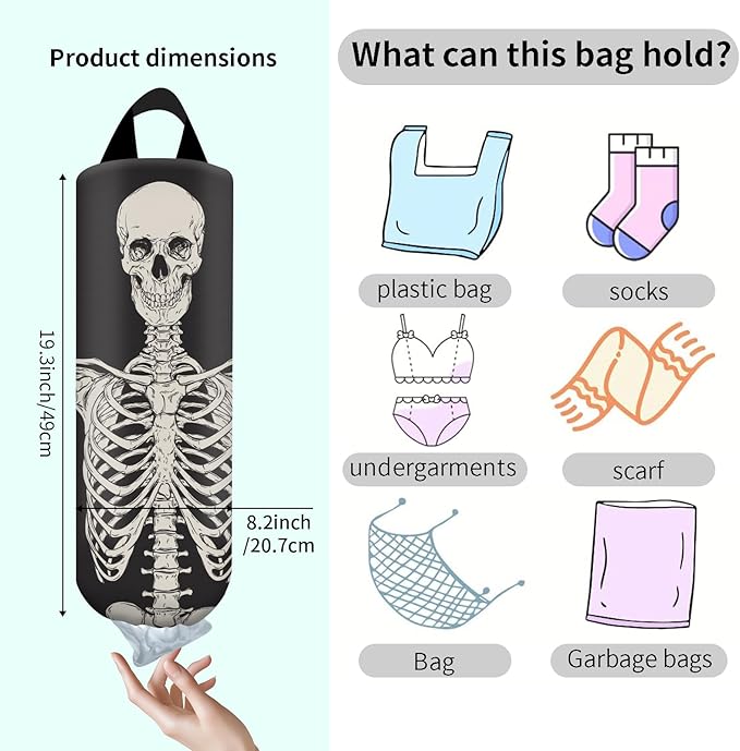 Plastic Bag Holder, Wall Mount Grocery Bag Organizer, Funny Hanging Trash Bag Storage Dispenser for Home Kitchen Funny Skull