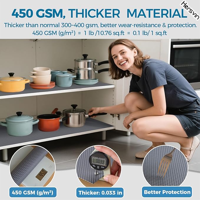 Hersvin Shelf Liners, 18in x 20ft Kitchen Drawer Mats, Non-Adhesive EVA Cupboard Protector, Cabinet Lining (Dark Gray/Dot)