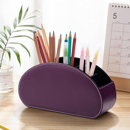 Remote Control Holders Organizer Box with 5 Compartment PU Leather Multi-functional Office Desk Storage Caddy Store Tv Remote for Media Player,Brush,Pencil,Glassees&Office Supplies (Dark purple)