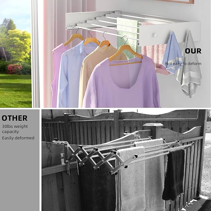 Wall Mounted Foldable, Space Saving Clothes Drying Rack with Knob, 60 lbs Capacity, for Laundry (31.5" White)