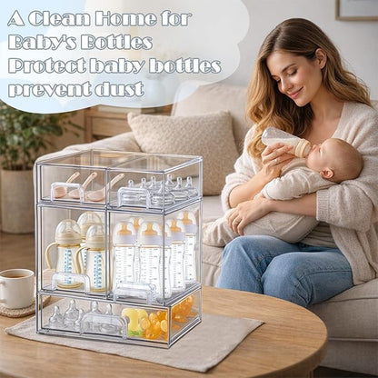 Baby Bottle Organizer-5 Pack Stackable Storage Drawers, Baby Organizers and Storage with Hooks, Clear Acrylic Multipurpose Bottle Storage for Countertop,Kitchen,Cabinet,Vanity,Bathroom