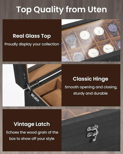Uten 12-Slot Watch Box, 2-Layers Solid Wood Watch Display Case with Glass Lid, Watch Holder Organizer with Soft Pillow and Velvet Lining, Watch and Jewelry Storage Box