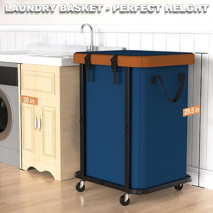150L (40 Gal) Large Fashion Laundry Basket with Wheels, Leather Patchwork Rolling Hamper Carts, Sturdy Metal Frame, Removable Washable Bag, Tall Clothes Sorter for Bedroom, Laundry Room - Navy Blue