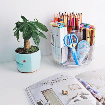 Pencil Holder for Desk, 360-Degree Rotating Pen Marker Crayon Organizer, Spinning Acrylic Desk Pen Organizer Storage, 5 Slots Large Capcaity Caddy for Home Office School Kids Art Supplies