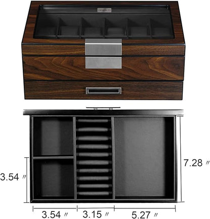 Lifomenz Co Wooden Watch Box for Men Watch Jewelry Box organizer with Valet Drawer,12 Slot Watch Display Case Holder Large Watch,Men Accessories Organizer with Real Glass Window Top