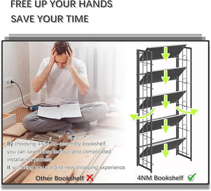 4NM No Assembly 5 Tiers Folding Bookshelf, 59.4" H Foldable Storage Shelves Vintage Bookcase Standing Racks Study Organizer Home Office - All Black