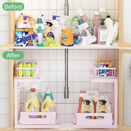 Under Sink Organizer Storage 2-Tier Premium Metal Pull-Out Racks, Height Adjustable, Heavy Dut and Easy Installation for Kitchen & Bathroom Organizers 1 Pack
