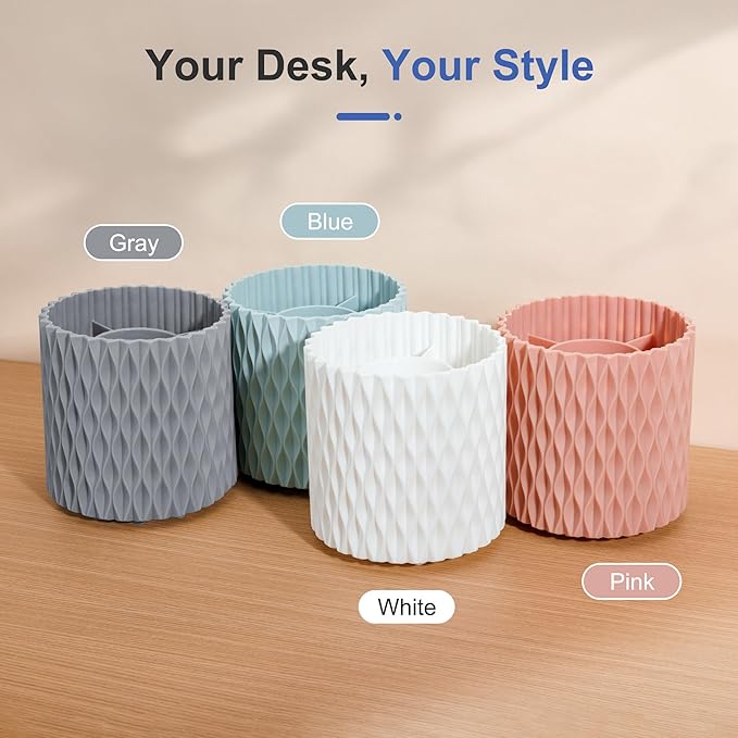 Pencil Holder - 360° Rotation, 5 Slot Desk Supplies For Women Office Aesthetic. Pencil Holder For Office&School, Desk Accessories(Grey)