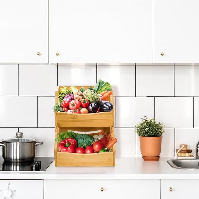 2 Pack Bamboo Stackable Storage Bin, Countertop Open Front Stacking Bins, 2 Tier Organize Basket Box with Handle, Food Fruit Container for Cabinet, Kitchen, Studio, Office