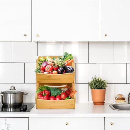 2 Pack Bamboo Stackable Storage Bin, Countertop Open Front Stacking Bins, 2 Tier Organize Basket Box with Handle, Food Fruit Container for Cabinet, Kitchen, Studio, Office