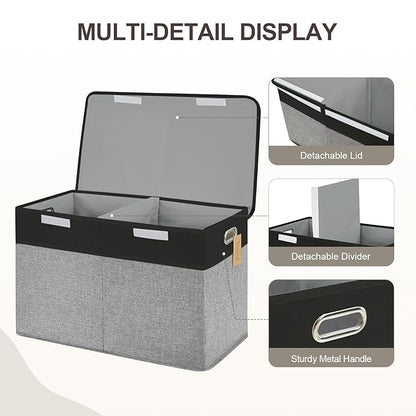 Large Toy Storage Box with Lid, Collapsible Toys Storage Organizer Bins with Dividers and Handles, Storage Chest Bin for Kids, Boys, Girls, Nursery 25"x13" x16" (Balck & Gray)