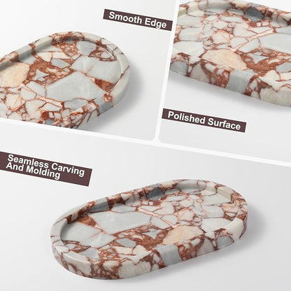 Red Marble Oval Tray 10x6 Inch - Vanity & Bathroom Organizer, Jewelry Dish, Coffee Table Decor - Natural Stone Desktop Catchall