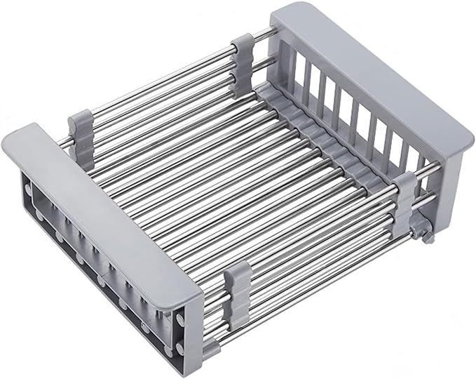 Large Dish Drying Rack for Kitchen Counter/Sink, Expandable Stainless Steel Sink Organization and Storage Essentials, Home and Appartment Decor, 8.86" W x 11.22"-18.5" L,Grey
