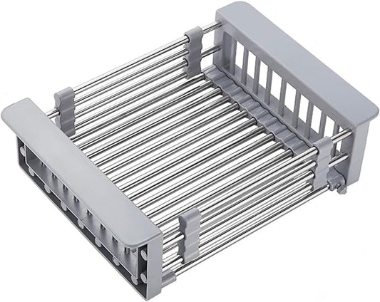 Large Dish Drying Rack for Kitchen Counter/Sink, Expandable Stainless Steel Sink Organization and Storage Essentials, Home and Appartment Decor, 8.86" W x 11.22"-18.5" L,Grey