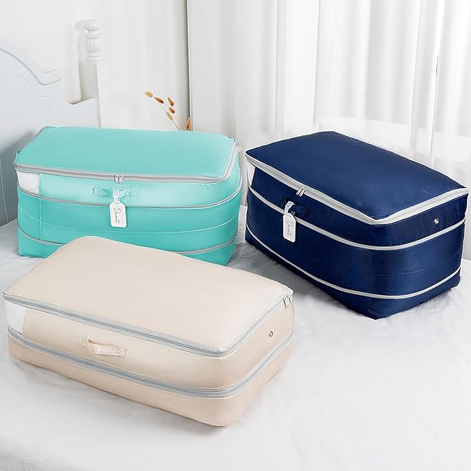 Easortm Comforter Storage Bag - Large Capacity Bedding Storage Bags Ultra Space Saving Self Compression Organizer, Washable Compression Bags for Storage Comforter Blanket Duvet Pillow, 4-Pack, Beige