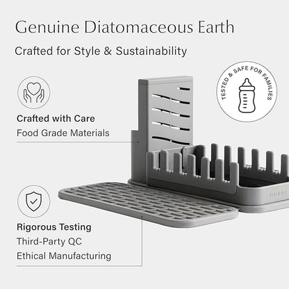 Dorai Home Collapsible Dish Drying Rack and Stone Pad – Foldable Drying Rack with Instant-Dry Stone Mat – Space-Saving Collapsible Drainer for Kitchen Counter - 19.9" x 15.2" (Slate)