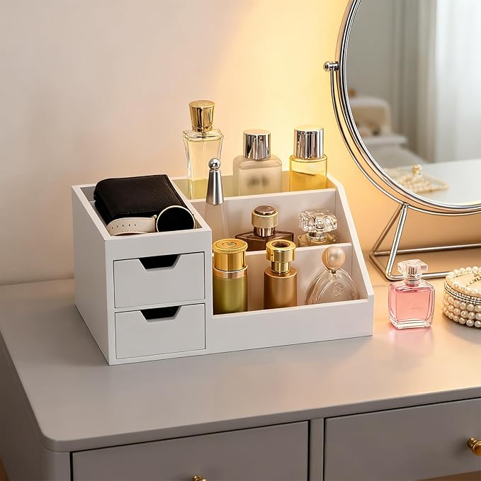 UUyuality Countertop Perfume & Makeup Organizer - Wooden Rack, Cologne Stand Shelves & Skincare Organizer for Bedroom Dresser, Organizador de Perfumes Estante para Perfumes (Middle, 01) (White, 01)