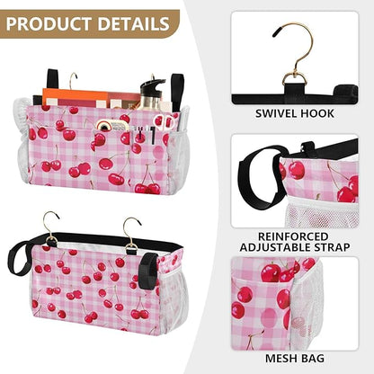 CuwrYet Bedside Caddy Hanging Bunk Bed Caddy Bed Organizer Hanging Pocket with 2 Hooks Bedside Storage Organizer Pocket Bag Holder Pink Juicy Checkered Cherry