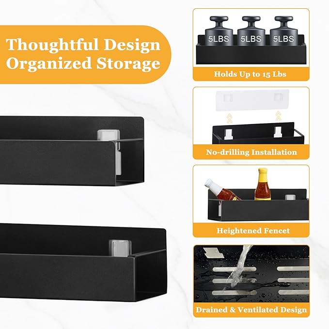 Kitchen Spice Rack for Wall: 2 Packs Black Adhesive Spice Racks Wall Mount - 11.8" Large Hanging Storage Organizer Cabinet Without Drilling for Work Room Bathroom Shelves