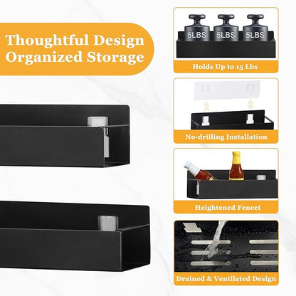 Kitchen Spice Rack for Wall: 2 Packs Black Adhesive Spice Racks Wall Mount - 11.8" Large Hanging Storage Organizer Cabinet Without Drilling for Work Room Bathroom Shelves