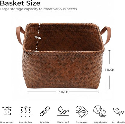GIB Wicker Storage Baskets for Shelves, Woven Laundry Basket for Organizing Clothes Blanket Basket, Decorative Rectangular Closet Organizers Storage Bins with Handles, Brown, 4 Pack